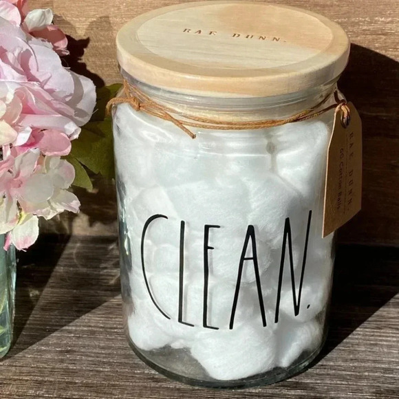 NEW Rae Dunn CLEAN (reusable) Glass Jar with 60 Cotton Balls & cute wood lid - Picture 5 of 8
